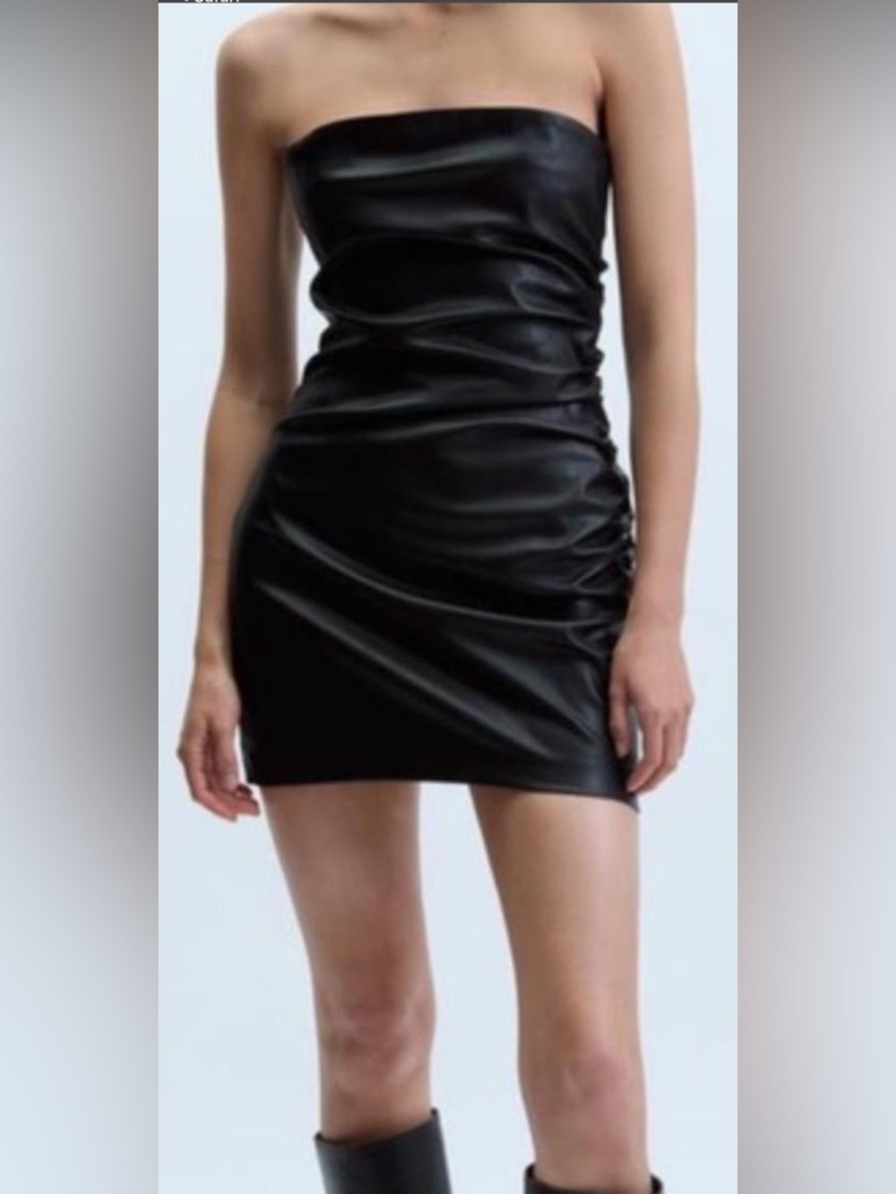 Zara Black Faux Leather Trim Strapless Mini Dress